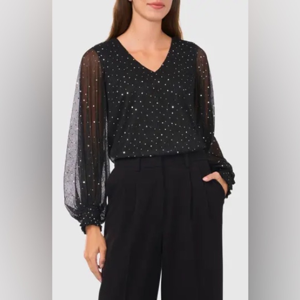 Halogen Black Blouse with Sheer Sleeves